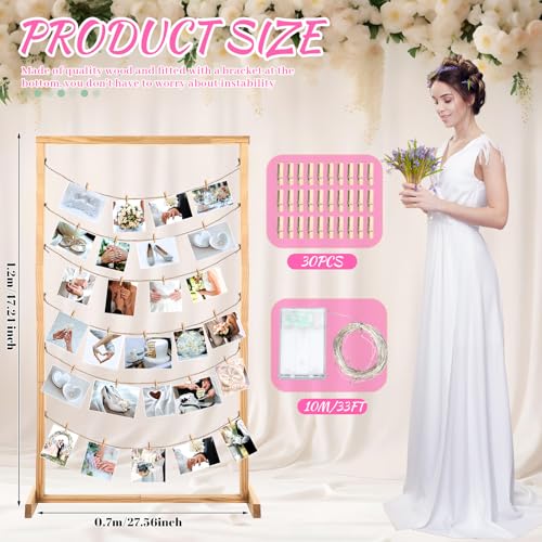 Colingmill 47 Inch Wedding Photo Display Frame Board with String Lights and 30 Clips Standing Picture Collage Board Photo Frame Display Holder for Wedding Bridal Shower Anniversary Party Decor