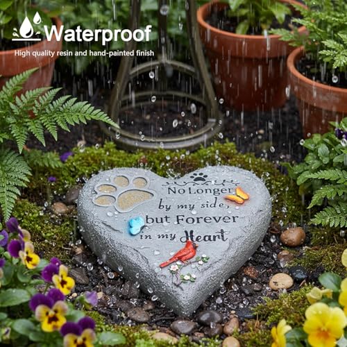 Pet Memorial Stone for Cats Dog Remembrance Gift with Paw Print | Pet Grave Markers Heart-Shaped Resin Dog Loss Sympathy Gift 6 inch with Cardinal and Butterfly