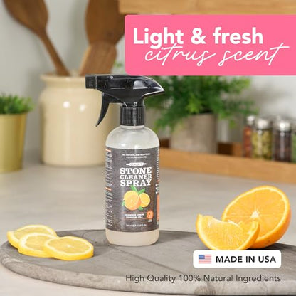 CLARK'S Stone & Quartz Cleaner 12 oz, with Microfiber Cloth - Citrus Scent | Stone & Quartz Cleaner + Protector - Water Based Surface Spray - Granite, Quartz & Marble Cleaner For Countertops & Floors