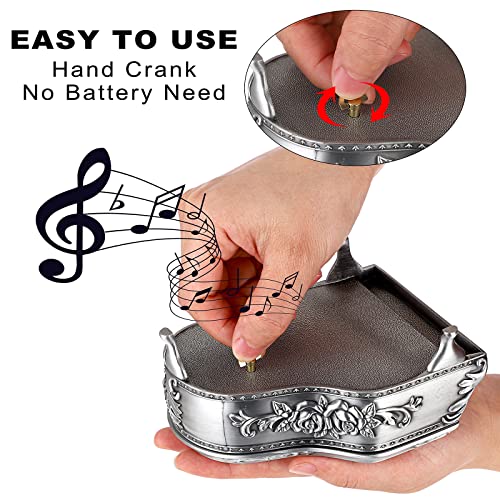 ELLDOO Vintage Piano Music Box, Silver Metal Wind Up Musical Jewelry Box Keepsake Box, Small Trinket Jewelry Storage Box Gift for Girl Women (Tune: You are My Sunshine)
