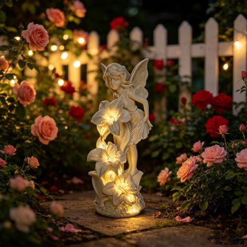 Angel Figurines Garden Statue with Solar Powered Light 12.2IN - color: Showerhead Angel