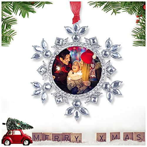 Christmas Photo Ornaments - 3.86" Snowflake Ornaments, Fits 2 inches inches Photos - 2025 Snow Decorations - Christmas Tree Decorations with Clear Rhinestones (White 2) - color: White 2
