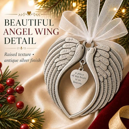 Christmas Ornaments Angel Wings - A Piece of My Heart is in Heaven | Christmas Ornaments, A Piece of My Heart is in Heaven, Christmas Tree, Loss of Loved One, Luxurious Silk Ribbon, Red Gift Bag - color: A Piece of My Heart