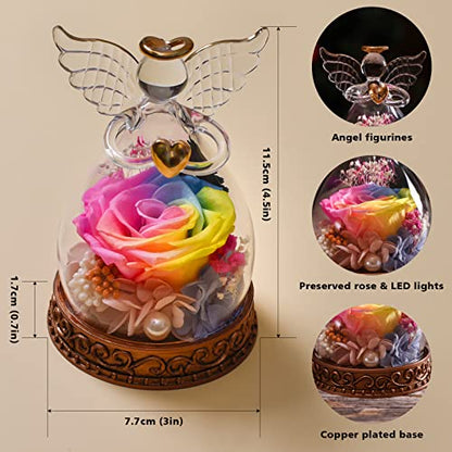 Preserved Real Rose in Glass Angel Figurine with LED Light, Angel Gifts for Women, Mom, Grandma on Mother's Day Christmas Birthday (Multicolor) - color: Multicolor