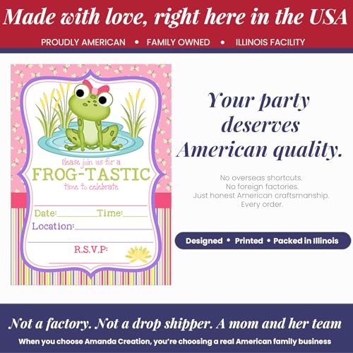Amanda Creation Frog Birthday Invitations for Girls, 20 Pack 5x7 Fill-In Frog Party Invitations with White Envelopes, Cute Green Animal Birthday Cards, Made in USA - color: Little Frog
