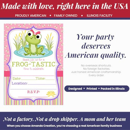 Amanda Creation Frog Birthday Invitations for Girls, 20 Pack 5x7 Fill-In Frog Party Invitations with White Envelopes, Cute Green Animal Birthday Cards, Made in USA - color: Little Frog
