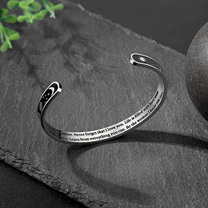 TONY & SANDY Inspirational Bracelets for Women Teen Girls Personalized Gifts for Daughter Granddaughter Mom Sister Friends Stainless Steel Engraved Cuff Birthday Easter Christmas - style: A - Daughter Gifts - Sun & Moon - Never forget that I love you...