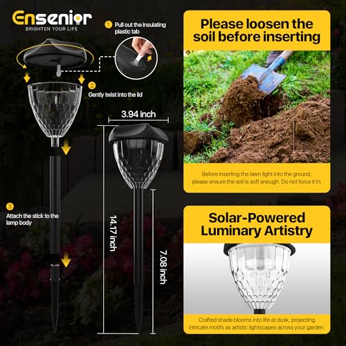 Ensenior Solar Pathway Lights Outdoor 8 Pack, 3000K LED Garden Yard Lights | IP65 waterproof landscape lighting, tool-free auto ON/OFF, yard, patio, walkway & planter, 14.17" height
