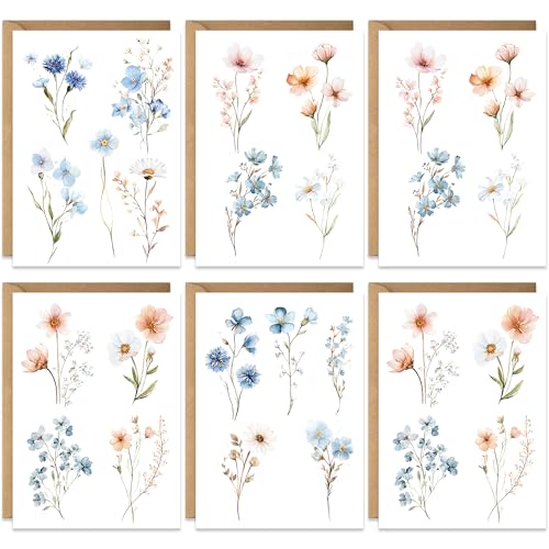 20 Blank Cards with Premium Envelopes, Watercolour Flower Cuttings Painting 5 Desgins for All Occassions, Blank Notecard Sets for Family Friends, Thank You, Made in UK, Blank Inside
