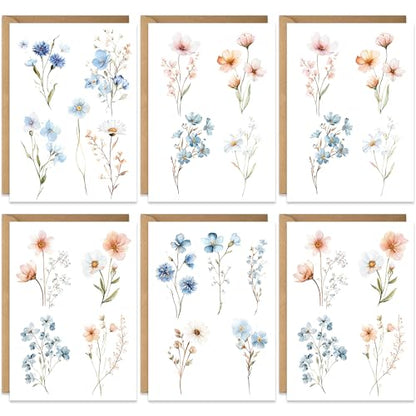 20 Blank Cards with Premium Envelopes, Watercolour Flower Cuttings Painting 5 Desgins for All Occassions, Blank Notecard Sets for Family Friends, Thank You, Made in UK, Blank Inside