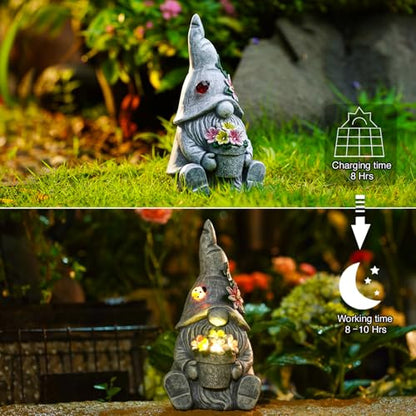 Goodeco Solar Sitting Gnome with LED Flower Light Garden Decor - color: Gray Gnome
