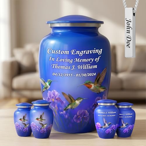 Set of 6 Hummingbird Custom Engraved Decorative Funeral Urns for Ashes Adult Male & Female Includes 1 Large Urn with 4 Small Keepsakes & 1 Silver NecklaceUrn (Blue Hummingbird Custom, Urns) - color: Blue Hummingbird Custom Set
