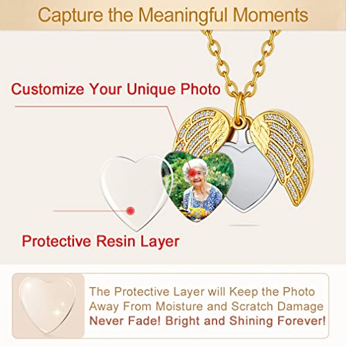 Custom4U Personalized Heart Locket Necklace with Pictures,Sunflower/Angel Wings/Heart Shaped Lockets Custom Photo,Gold/Rose Gold/White Lockets That Holds Picture,Customized Memorial Jewelry for Women - color: B-Angel Wings-Gold(Locket + Photo + Engraving)