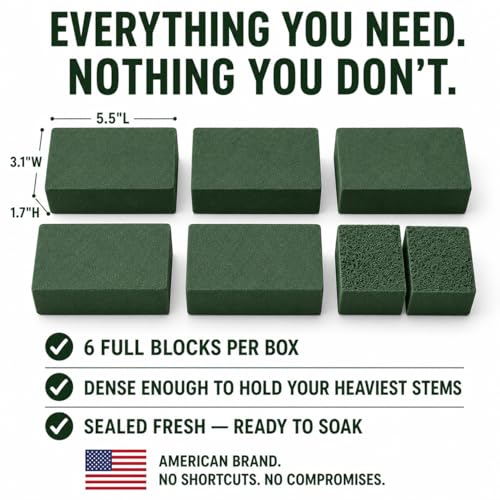 Florables Wet Floral Foam Blocks (5.5" L x 3.1" W x 1.7" H, Pack of 6) – Green Foam for Flower Arrangements, Floral Foam Base & Bouquet Foam for Fresh Flowers, Wedding Flower Arranging Supplies - size: Small Pack of 6
