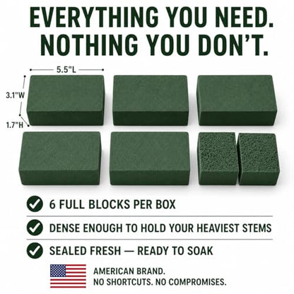 Florables Wet Floral Foam Blocks (5.5" L x 3.1" W x 1.7" H, Pack of 6) – Green Foam for Flower Arrangements, Floral Foam Base & Bouquet Foam for Fresh Flowers, Wedding Flower Arranging Supplies - size: Small Pack of 6