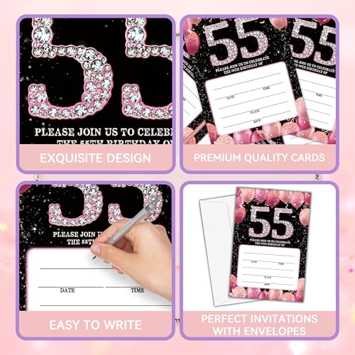 Birthday Invitations - 55th Bday Invites with Envelopes(25-Count) - Pink Balloon Glitter Fill-in Invite Cards for Party Supplies Favors Decorations - G03 - style: Pink Balloon 55th