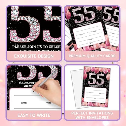 Birthday Invitations - 55th Bday Invites with Envelopes(25-Count) - Pink Balloon Glitter Fill-in Invite Cards for Party Supplies Favors Decorations - G03 - style: Pink Balloon 55th