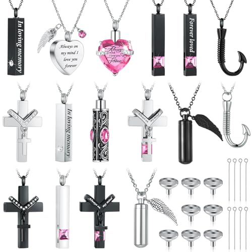Huquary 16 Pcs Urn Necklace for Ashes Waterproof Stainless Steel Carved Ashes Locket with 8 Filling Kit Heart Cylinder Cross Cubic Fish Hook Jewelry for Ashes with Wing Diamond for Men Women - color: Pink