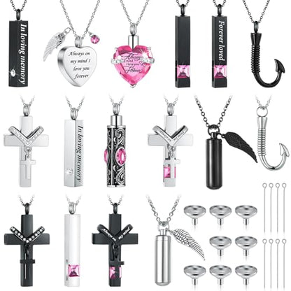 Huquary 16 Pcs Urn Necklace for Ashes Waterproof Stainless Steel Carved Ashes Locket with 8 Filling Kit Heart Cylinder Cross Cubic Fish Hook Jewelry for Ashes with Wing Diamond for Men Women - color: Pink