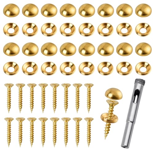16 Pcs Gold Brass Decorative Screws with Caps, 15 mm Self-Tapping Screws with Decorative Cover, Decorative Caps Cover Nails for Furniture Mirror Sign Advertising Glass Fixing (Gold) - color: Gold