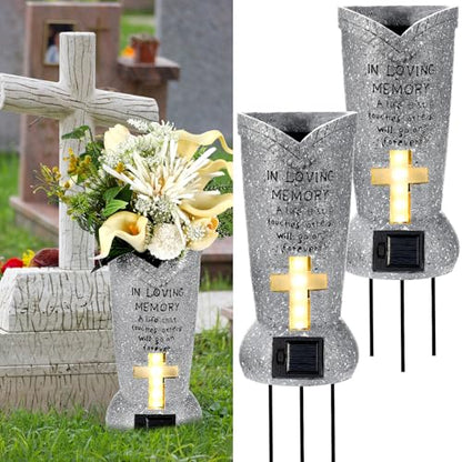 DoubleFill 2 Pcs Solar LED Cemetery Grave Vase with Spike,Cylinder | Weatherproof Resin Headstones Flower Vases, Auto Dusk LED Cross Light, Spike Ground Mount, Loss Loved Tribute, Garden Decor - style: Cylinder