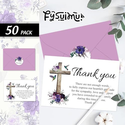 FYSUIMU 50Pcs Funeral Thank You Cards Boxed Purple Floral Cross Sympathy Thank You Cards with Sticker Envelope Bereavement Card for Memorial Service Loved Ones Celebration of Life - style: Purple Floral