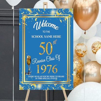 Personalized 50th Class Reunion Welcome Sign, 50th Class Reunion Decorations Party, High School Reunion Sign, Gold Confetti on Columbia Blue Sign, 50 Year Reunion Class of, College Reunion Sign#10 - color: Version 10