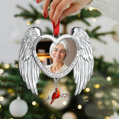 Memorial Christmas Photo Ornaments 2025 Angel Wings Sympathy Gifts for Loss of Loved One - Personalized Cardinal Picture Frame Ornament for Christmas in Heaven Tree Decor
