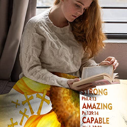 AMITAYUS Yellow Sunflower Prayer Blanket Bible Verse Healing Inspirational Sympathy Fleece Throw Religious Christian Gifts for Women Wife - Womens Gift Ideas - 60''x80'' - color: Christian Bible Verse, size: Large 80"x60