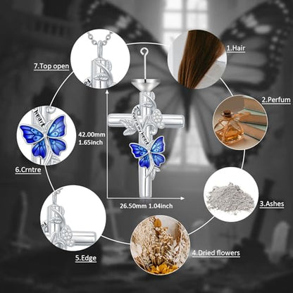 SOULMEET Enamel Butterfly Cross Urn Necklace for Ashes, Cross Moissanite Butterfly Ashes Necklaces with Forever in My Heart Engraved Keepsake Cremation Locket Jewelry for Women Men - color: A-Blue, style: Custom Engraved