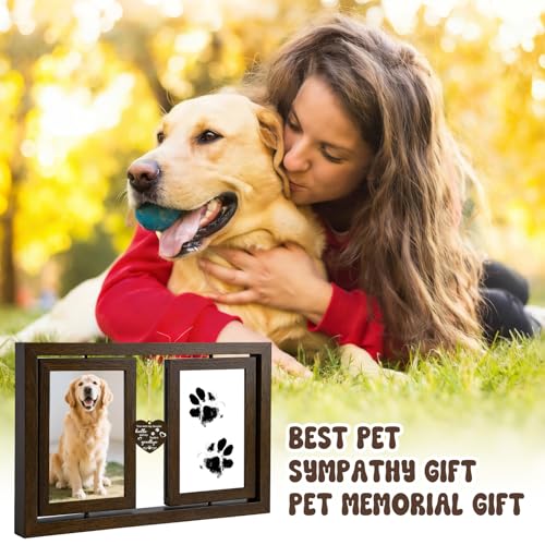 Dog Picture Frame 4x6, Paw Print Kit for Dogs, Dog Memorial Gifts for Loss of Dog Passing Away Sympathy Gifts | Rotating Wooden Double Sided Display Pet Paw & Nose Print DIY Kit - color: Brown