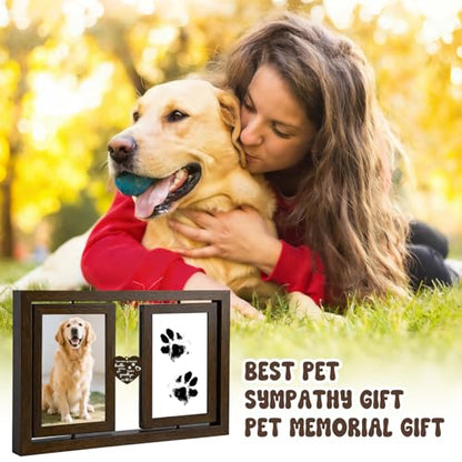 Dog Picture Frame 4x6, Paw Print Kit for Dogs, Dog Memorial Gifts for Loss of Dog Passing Away Sympathy Gifts | Rotating Wooden Double Sided Display Pet Paw & Nose Print DIY Kit - color: Brown