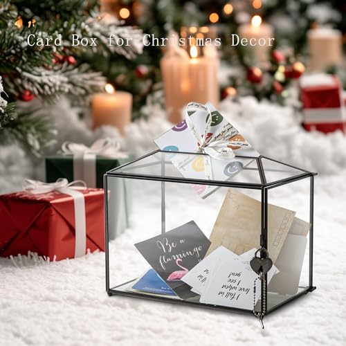 Wedding Glass Card Box with Slot and Lock, 10.2 x 6 x 8 Inch, Small Black Geometric Cards Holder for Birthdays Party Reception, Wishing Well - Slot Length 6.3'' (Glass Box Only) - color: C-Small Black Card Box 10.2''