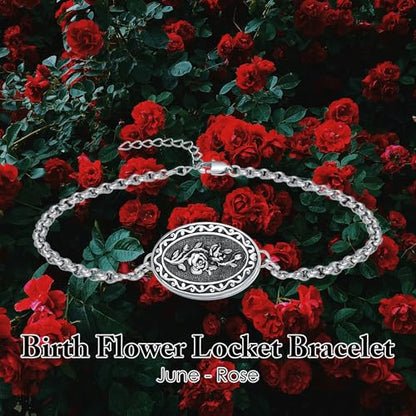 Birth Flower Photo Locket Bracelet 925 Sterling Silver 12 Month Locket Bracelet with Picture Birth Flower Photo Jewelry Gifts for Women Mother Mom Daughter - style: 06-June-Rose-Custom