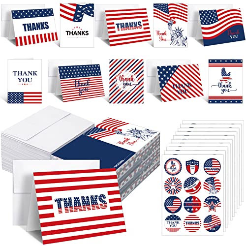 Tisancy 100 Sets Patriotic Thank You Cards with Envelopes Stickers American Flag Red White Blue Blank Note Greeting Cards for 250th Anniversary Military Veterans(Bright Flag) - color: Bright Flag