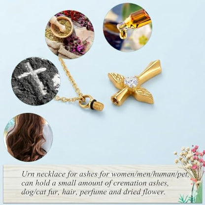 14K Gold Angel Wings Cross URN Necklace Cremation Necklaces for Ashes Embellished with Birthstone, Yellow Gold Fine Keepsake Memorial Jewelry - color: March Birthstone