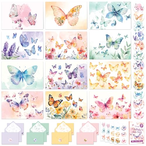 Decorably 24 Pack 6x4in Enchanting Glittery Butterfly Blank Cards | Envelopes & Stickers, 12 Enchanting Butterfly Designs for Family & Friends, Blank Inside - Birthdays, Weddings, Gifting