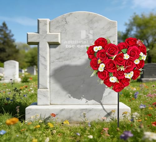 Artificial Cemetery Flowers, Grave Memorial Flowers with Ground Spike,Heart Shaped Wreaths Rose Daisy for Gravesites Decoration（Red）