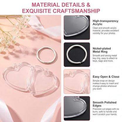 25Pcs Acrylic Clear Photo Keychain, Heart Shape Double Sided Picture Frame Key Ring, Blank DIY Personalized Photo Key Fob Holder with Split Ring for Gift & Memorial Use