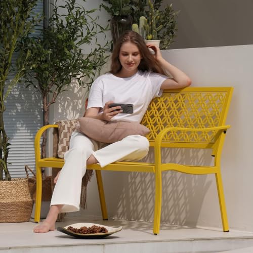 Grand patio 50" Outdoor Bench, Garden Bench with Armrests, Yellow | Anti-Rust Metal Powder Coated Frame, Patio Bench for Front Porch Park Outside Furniture - color: Sunflower Yellow
