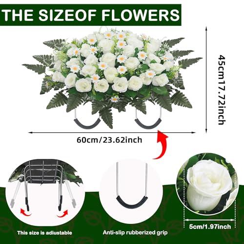 Wocst Headstone Flower Saddle,Large Artificial Cemetery Flowers for Grave Artificial Roses Daisy Saddle for Cemetery Headstone (White) - color: White
