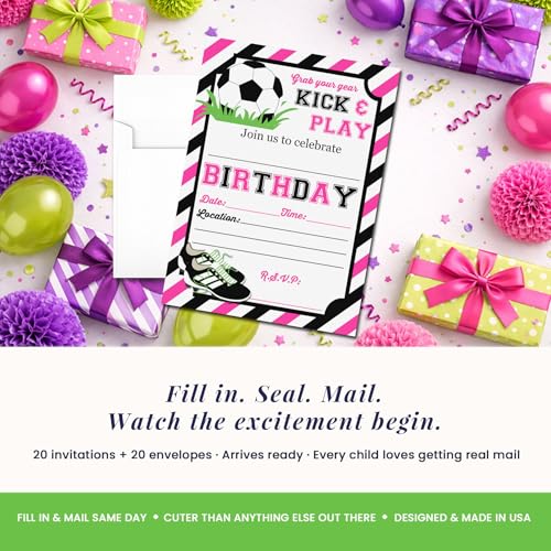 Pink & Black Kick and Play Soccer Themed Birthday Party Invitations for Girls, 20 5x7 Fill In Cards with Twenty White Envelopes by AmandaCreation - style: Pink & Black Kick and Play Soccer