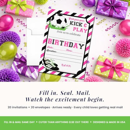 Pink & Black Kick and Play Soccer Themed Birthday Party Invitations for Girls, 20 5x7 Fill In Cards with Twenty White Envelopes by AmandaCreation - style: Pink & Black Kick and Play Soccer