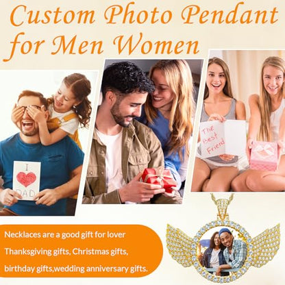 HJX Custom Circle Chain with Wings, Memorial Picture Necklace for Men Womem - color: Gold、Silver