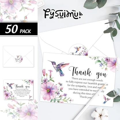 FYSUIMU 50Pcs Funeral Thank You Cards Boxed Purple Floral Hummingbird Sympathy Card with Envelope Sticker Bereavement Cards for Memorial Service Loved Ones Celebration of Life - style: Hummingbird