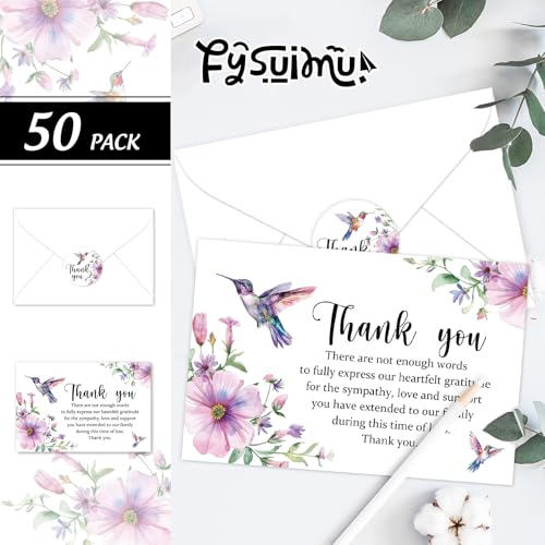FYSUIMU 50Pcs Funeral Thank You Cards Boxed Purple Floral Hummingbird Sympathy Card with Envelope Sticker Bereavement Cards for Memorial Service Loved Ones Celebration of Life - style: Hummingbird