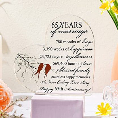 Qunclay 65th Years of Marriage Gift Wedding Anniversary Souvenir Heart Marriage Keepsake Decoration Present for Couple Parent Women Mom Husband Wife He She Friend Grandparents - style: 65th