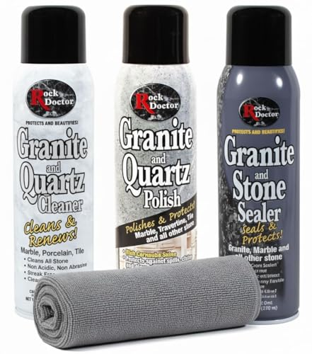 Rock Doctor Granite & Quartz Cleaner Care Kit With Microfiber Cloth, 4 Piece Maintenance Stone Care Combo Kit – Cleans & Renews Marble, Travertine, Tile, and All Other Stone, Fresh