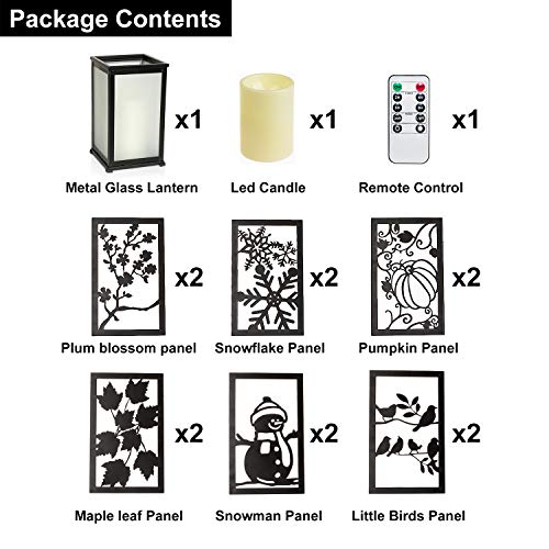 Decorative Led Candle Lantern with Timer Rustic Candle Lantern with Twelve Magnetic Seasonal Themed Panels ,5 x 5 x 8.5" Black