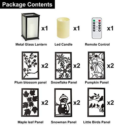 Decorative Led Candle Lantern with Timer Rustic Candle Lantern with Twelve Magnetic Seasonal Themed Panels ,5 x 5 x 8.5" Black